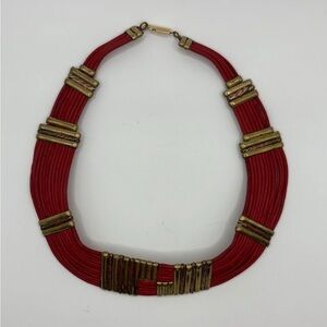 VTG Multi-Strand Red Leather & Mixed Metal Embellished Collar Necklace w/ Clasp